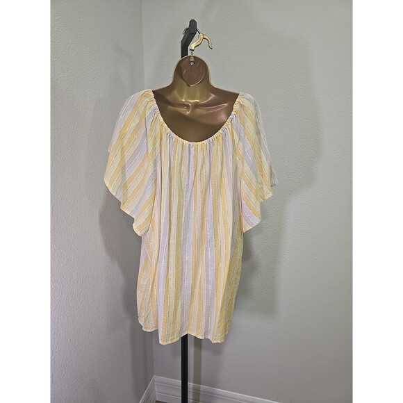 Cato Linen Blend Yellow Stripe Blouse Womens 22 24 Metallic Thread Flutter Boho - Picture 4 of 8